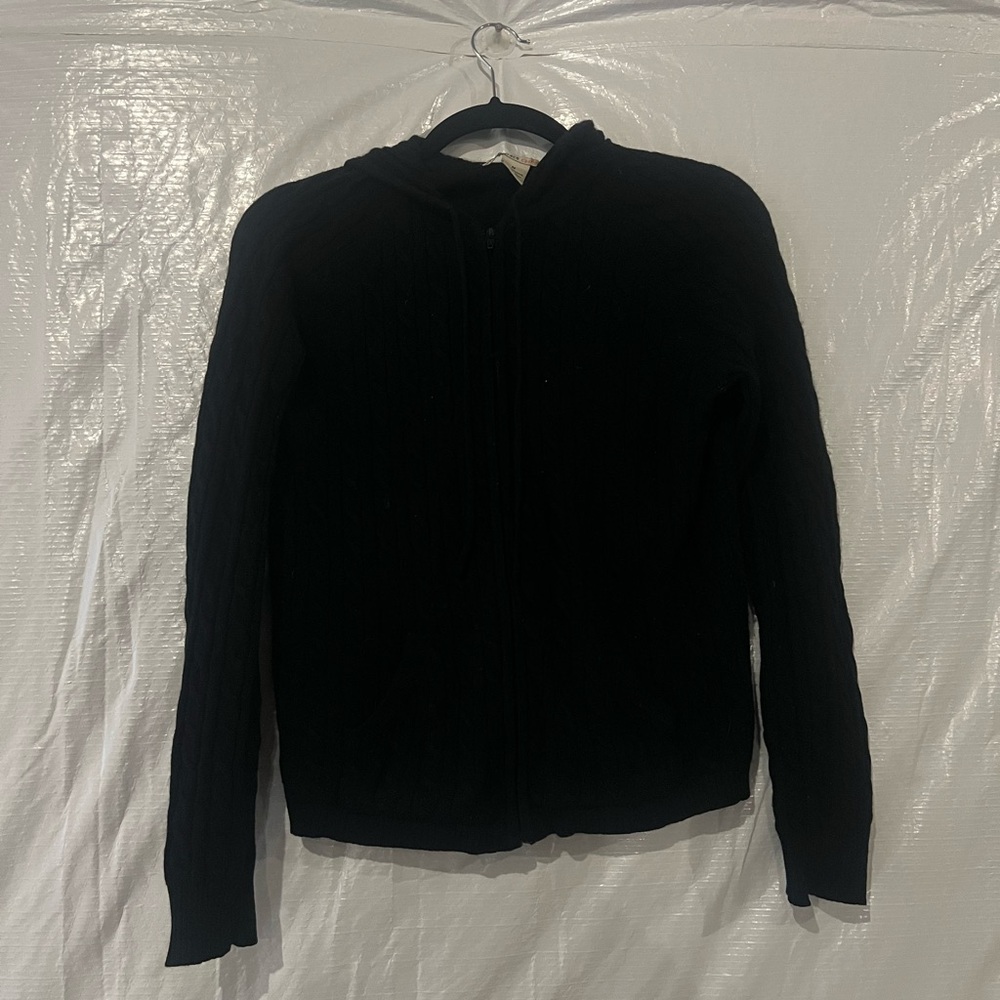 Evelyn Grace Black Cable Knit Zip Up Cashmere Sweater Size Medium